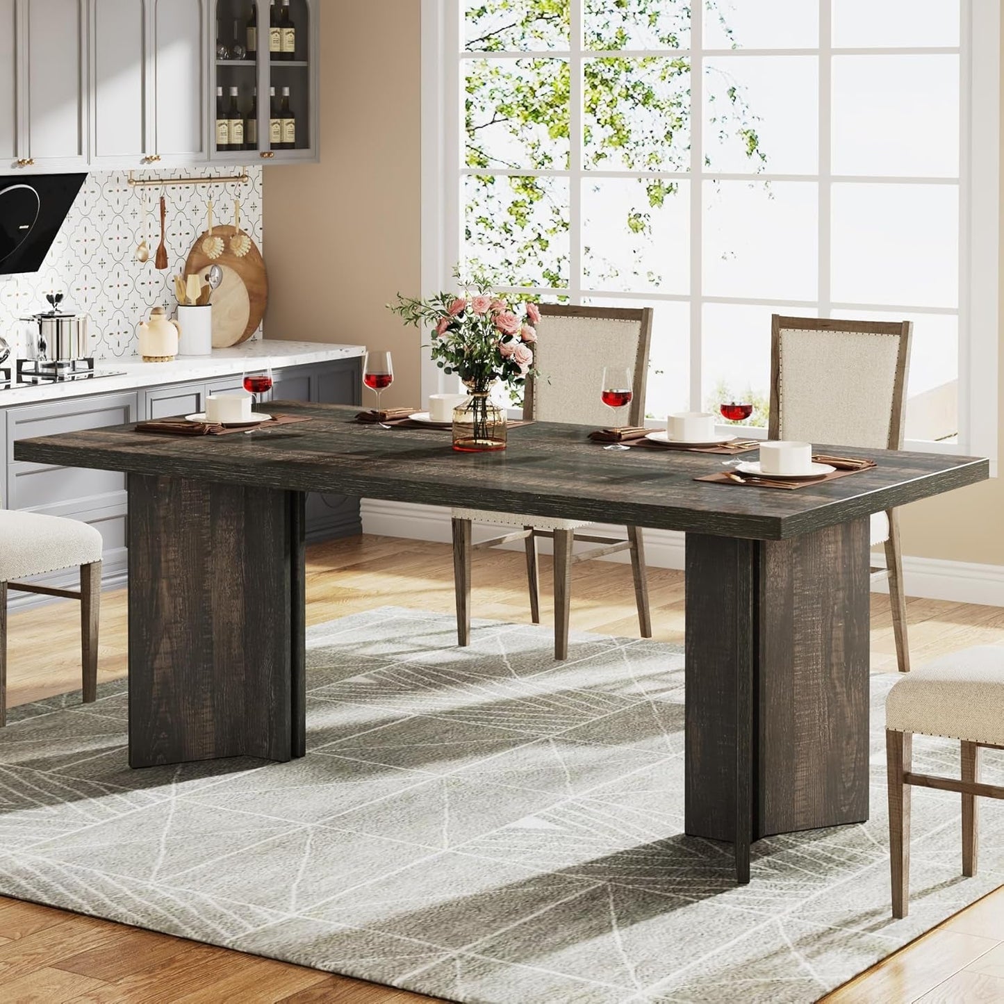 63-Inch Dining Table for 4-6, Farmhouse Kitchen Table with Large Tabletop, Rectangular Dinner Eating Table for Dining Room, Living Room, Kitchen, Dark Gray