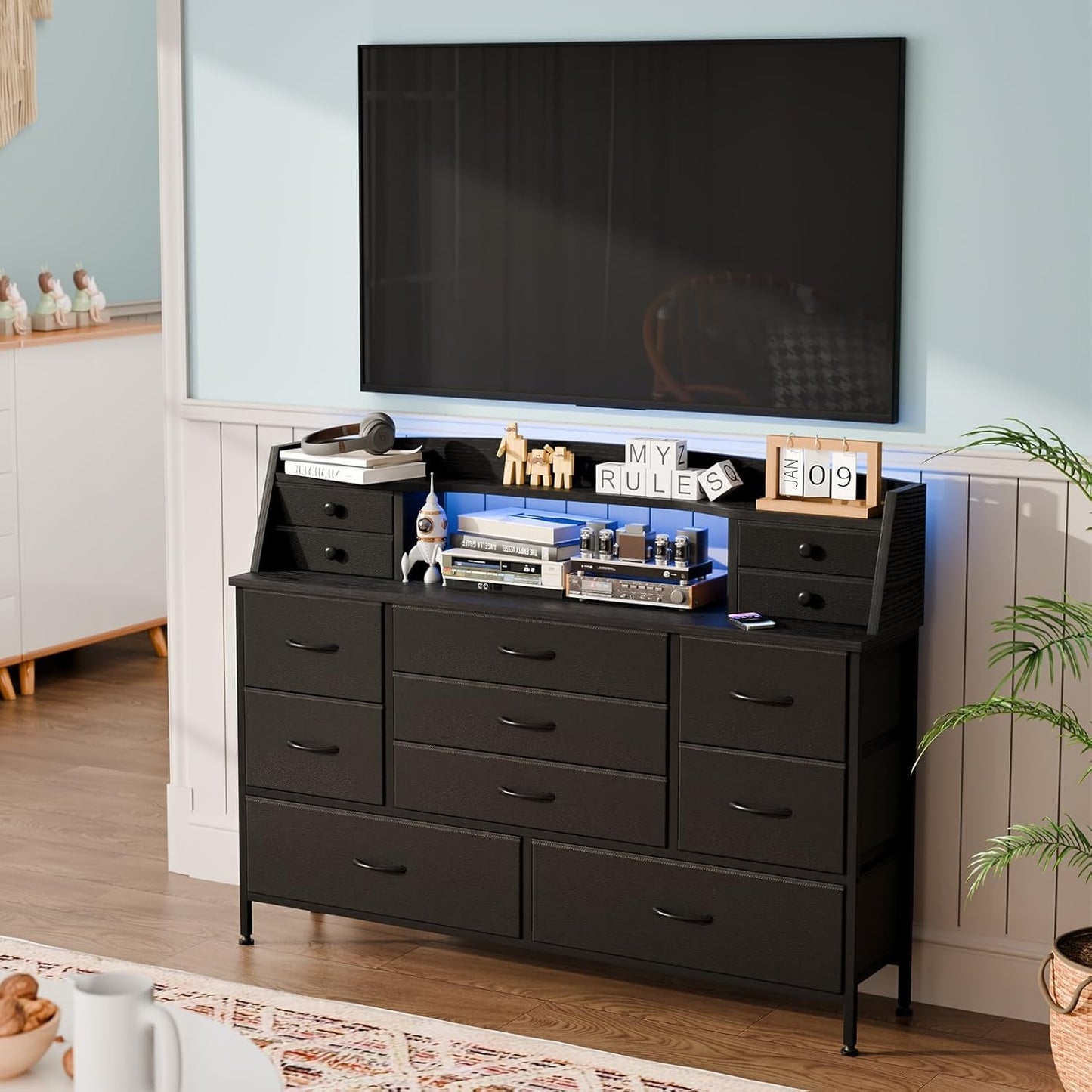 Black Nursery Dresser for Bedroom with 13 Drawers, Fabric Chest of Drawers with PU Finish for Kids, Boys, Adults, Nursery, Living Room, Closet, Entryway, Hallway (No LED Lights)