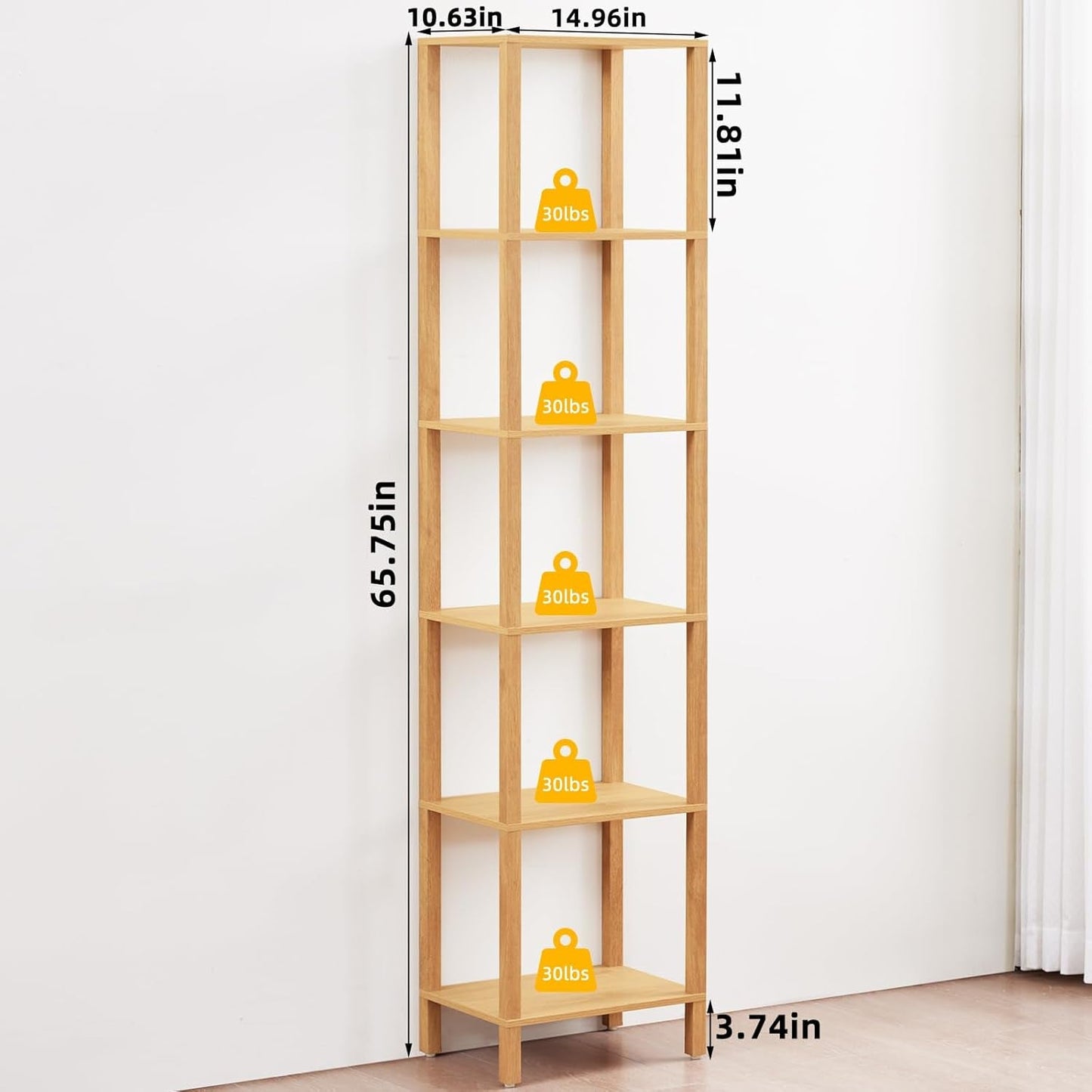 66In Tall Bookshelf 6-Tier Small Narrow Bookcase, Skinny Book Shelf for Small Space, Farmhouse Slim Shelf with Storage, Wood Freestanding Display Thin Bookshelves for Living Room, Natural