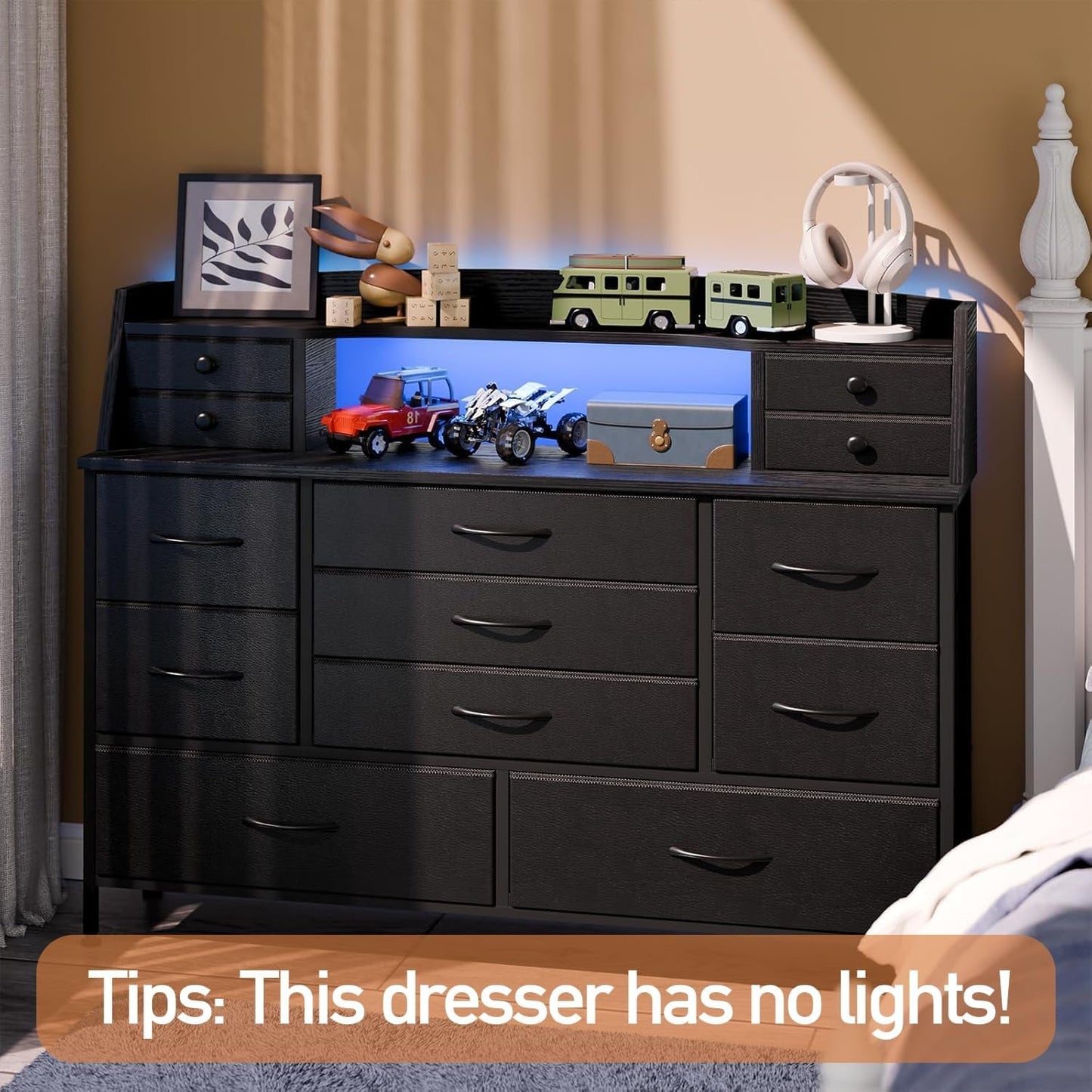 Black Nursery Dresser for Bedroom with 13 Drawers, Fabric Chest of Drawers with PU Finish for Kids, Boys, Adults, Nursery, Living Room, Closet, Entryway, Hallway (No LED Lights)