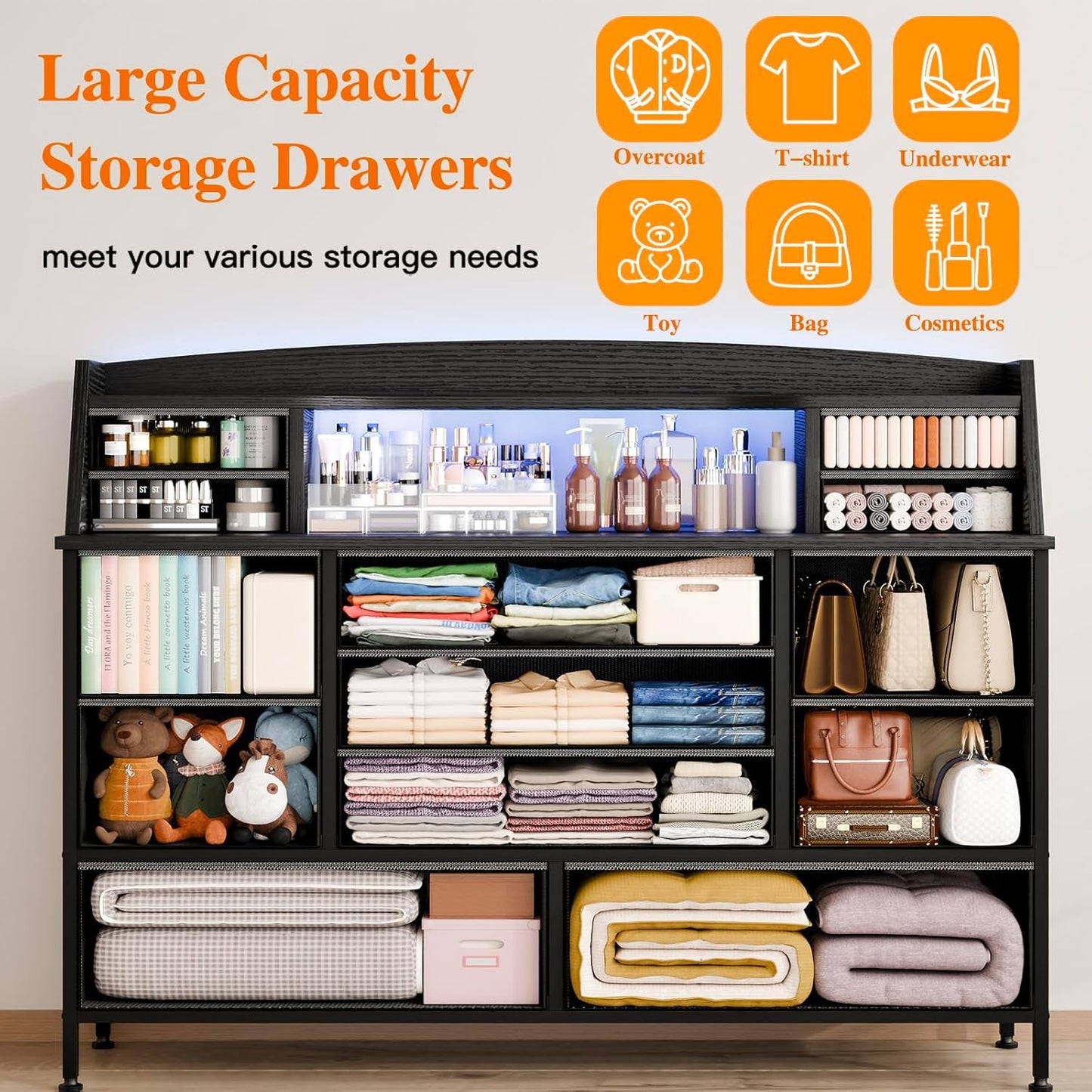 Black Nursery Dresser for Bedroom with 13 Drawers, Fabric Chest of Drawers with PU Finish for Kids, Boys, Adults, Nursery, Living Room, Closet, Entryway, Hallway (No LED Lights)