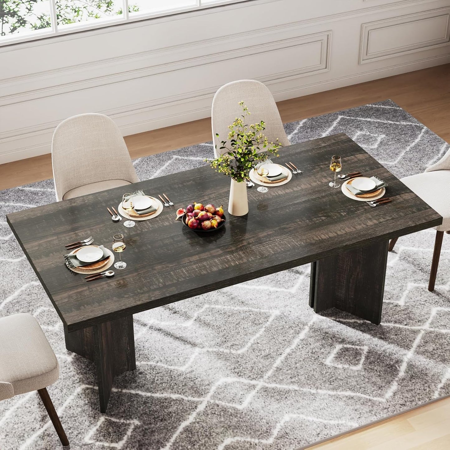 63-Inch Dining Table for 4-6, Farmhouse Kitchen Table with Large Tabletop, Rectangular Dinner Eating Table for Dining Room, Living Room, Kitchen, Dark Gray