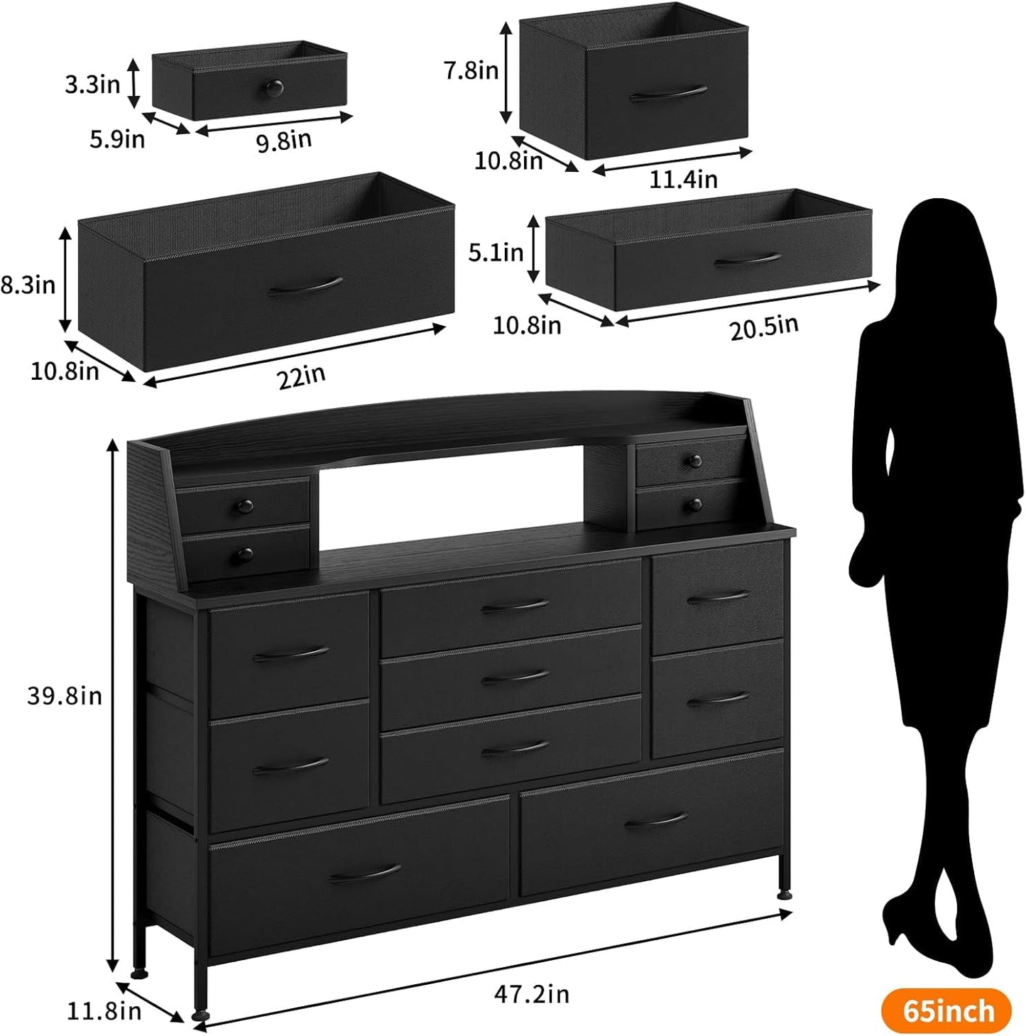 Black Nursery Dresser for Bedroom with 13 Drawers, Fabric Chest of Drawers with PU Finish for Kids, Boys, Adults, Nursery, Living Room, Closet, Entryway, Hallway (No LED Lights)