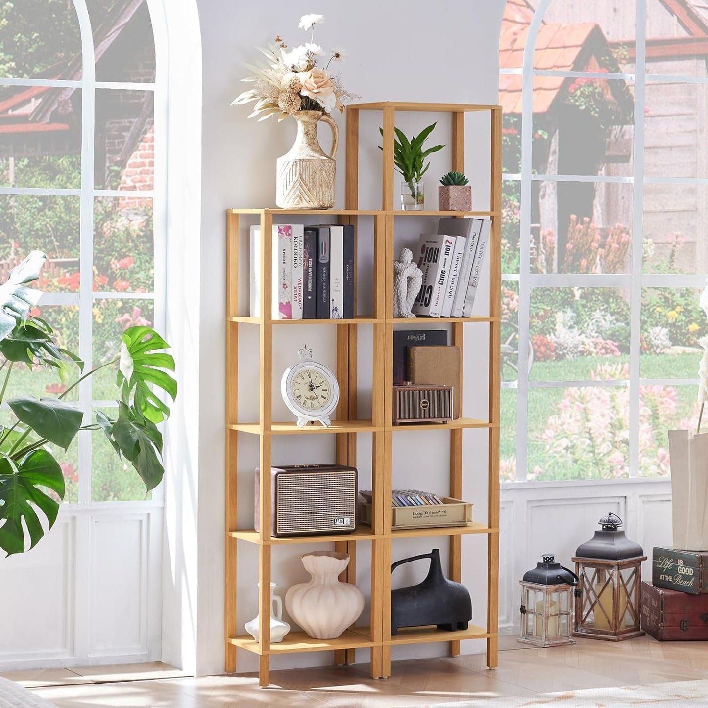 66In Tall Bookshelf 6-Tier Small Narrow Bookcase, Skinny Book Shelf for Small Space, Farmhouse Slim Shelf with Storage, Wood Freestanding Display Thin Bookshelves for Living Room, Natural