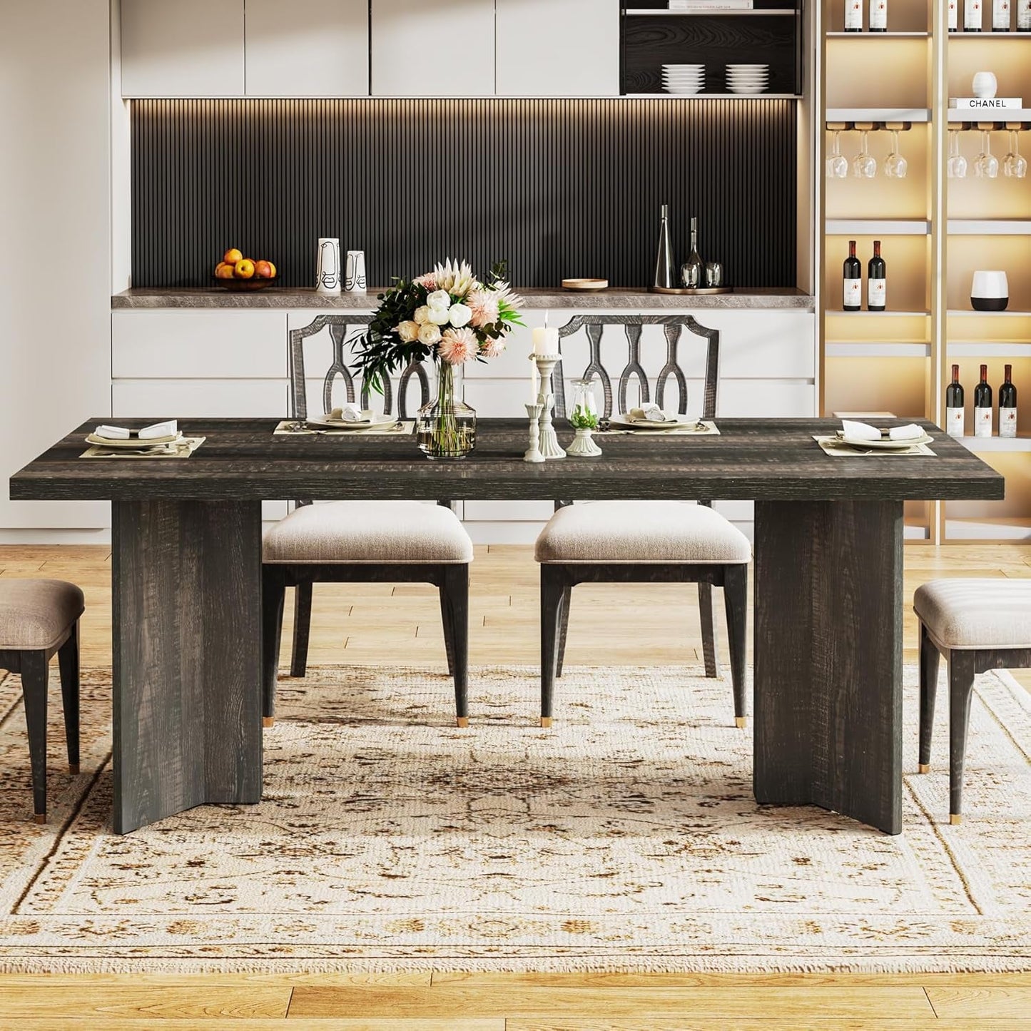 63-Inch Dining Table for 4-6, Farmhouse Kitchen Table with Large Tabletop, Rectangular Dinner Eating Table for Dining Room, Living Room, Kitchen, Dark Gray